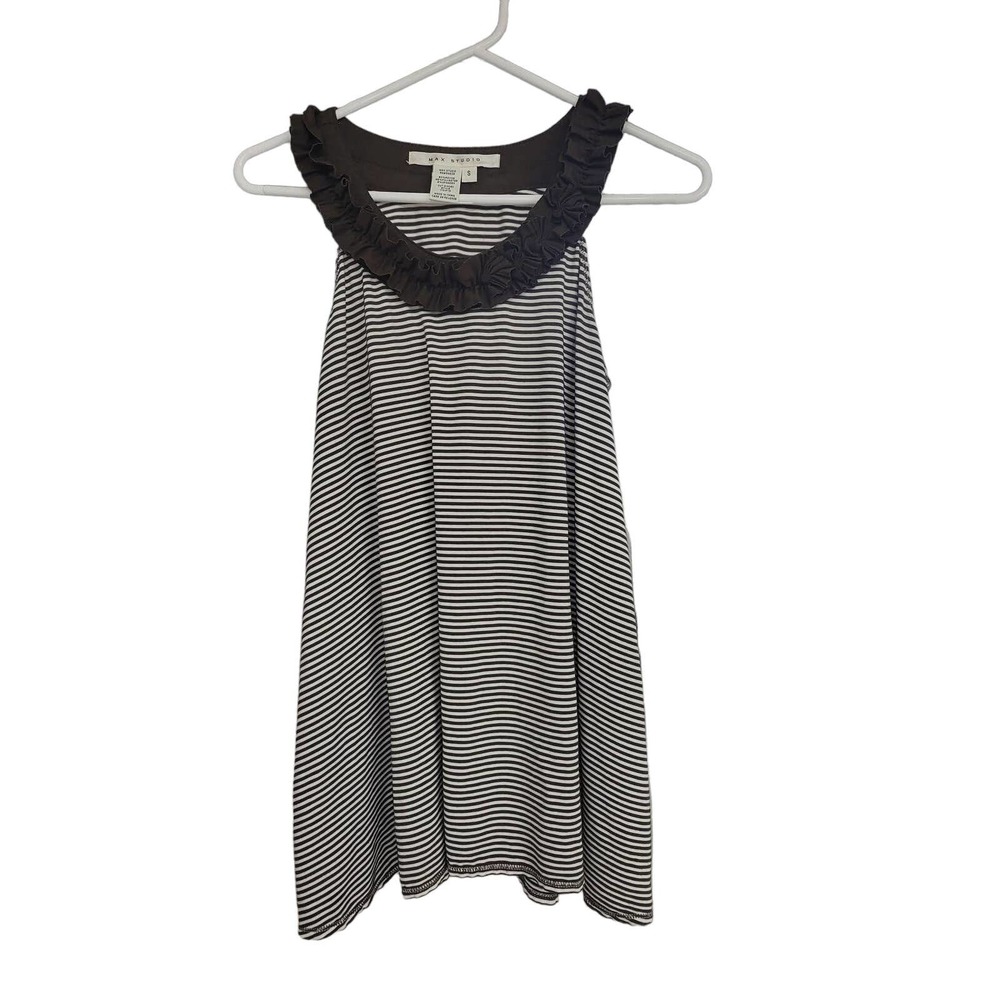 Max Studio Brown and Cream Striped Tank Ruffle Neck - Small